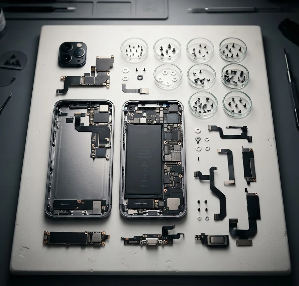 Piezas de un smartphone desmontado y ordenadas sobre una mesa de trabajo