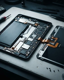 Tablet abierta sobre la mesa de trabajo, con la batería y la placa a la vista